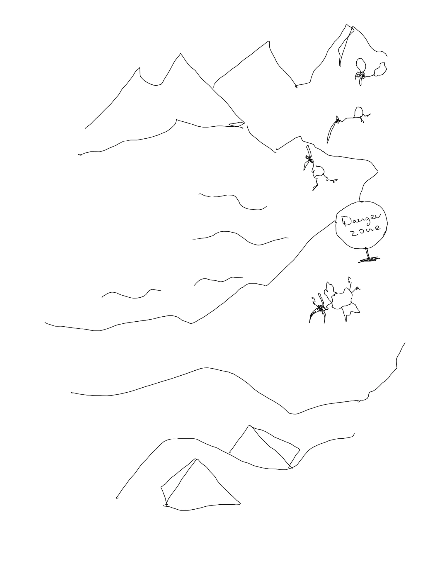 Line drawing of mountains with danger zone