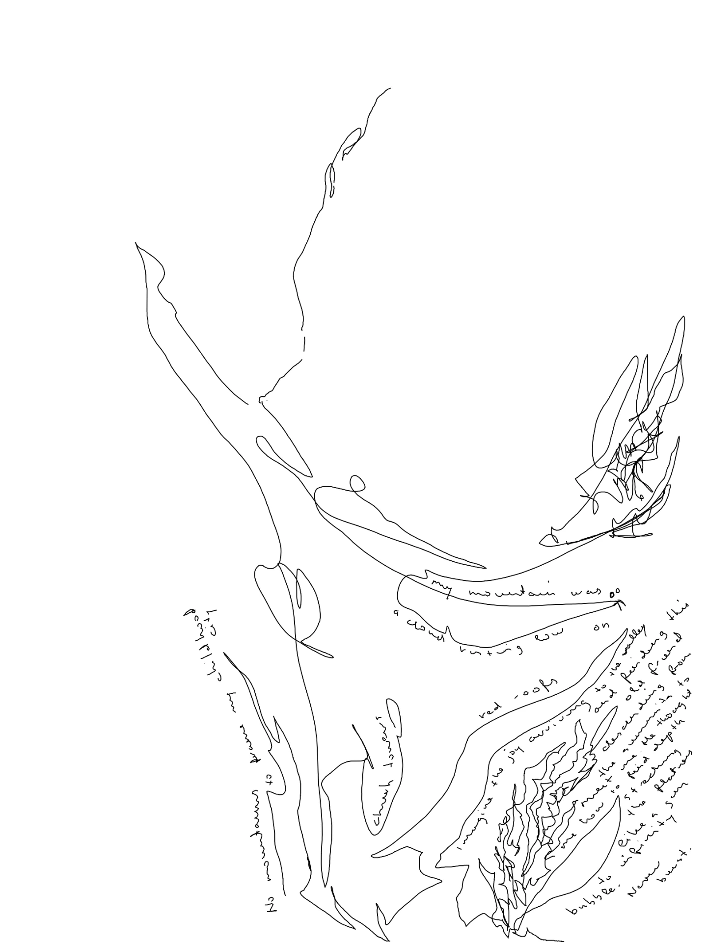 Line drawing of a cloud resting on a mountain